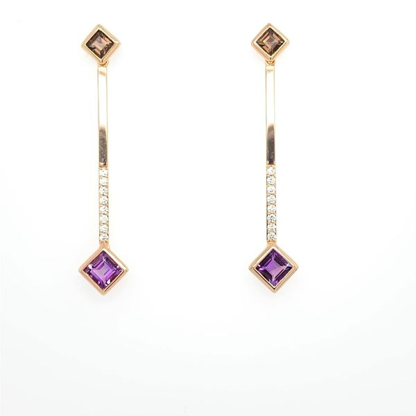 Lady's 14k Rosé Gold Fashion Earrings With Amethysts, Smoky Quartz, and Diamonds Orin Jewelers Northville, MI