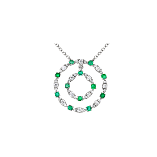 Lady's 18K White Gold Circles of Love Pendant w/36 Diamonds & 12 Emeralds Orin Jewelers Northville, MI