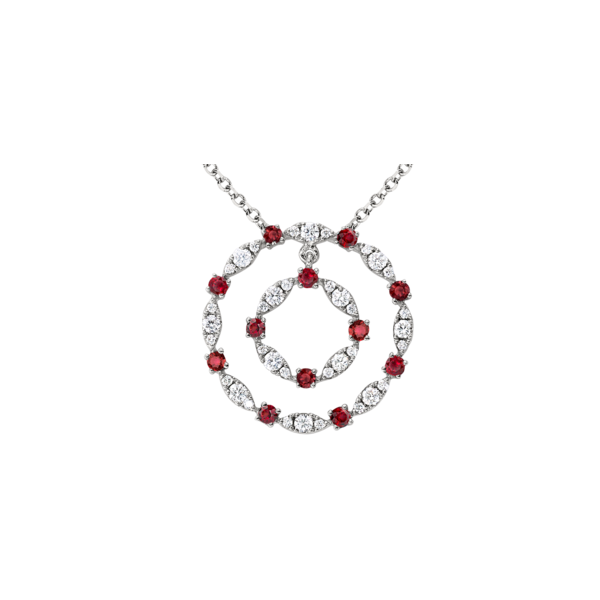 Lady's 18K White Gold Circles of Love Pendant W/36 Diamonds & 12 Rubys Orin Jewelers Northville, MI