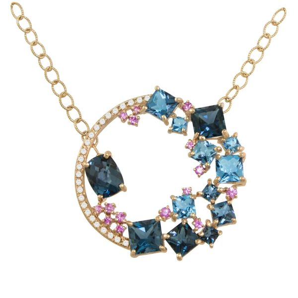 Lady's Rosé Gold 14 Karat Pendant With With Blue Topaz, Pink Sapphires & Diamonds Orin Jewelers Northville, MI