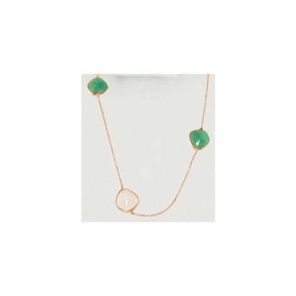 Lady's SS & Rosé Gold Plated Necklace w/3 Rose Quartzs & 3 Chalcedony Orin Jewelers Northville, MI