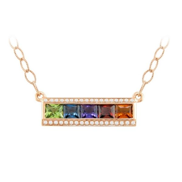 Lady's 14K Rosé Gold Eternal Love Bar Necklace w/36 Diamonds & 5 Colored Stones Orin Jewelers Northville, MI