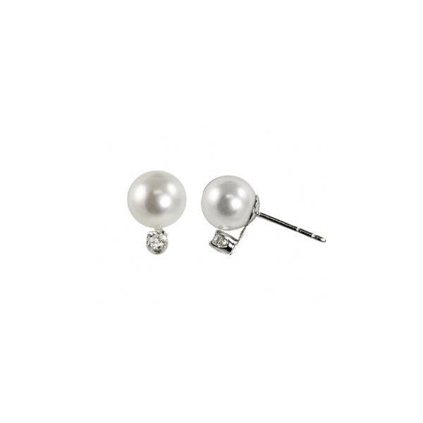 Lady's 14K White Gold Earrings W/2Akoya Pearls & 2 Diamonds Orin Jewelers Northville, MI