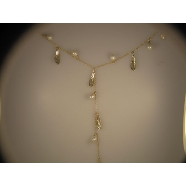 Lady's 14K Yellow Gold Textured Leaf Necklace w/8 Fresh Water Pearls Orin Jewelers Northville, MI