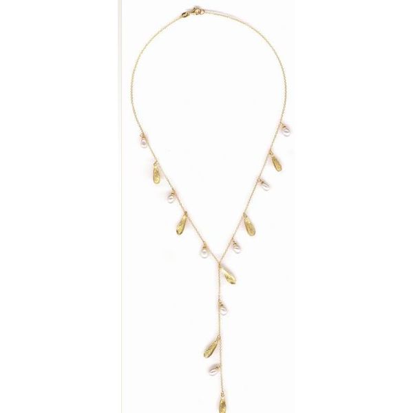Lady's 14K Yellow Gold Textured Leaf Necklace w/8 Fresh Water Pearls Orin Jewelers Northville, MI