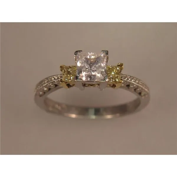 Lady's Platinum Ring Mounting w/16 White Diamonds, 2 Yellow Diamonds & CZ Center Orin Jewelers Northville, MI