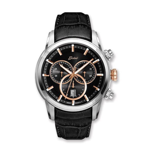 Gent's ORIN Stainless Steel Chrono Watch, Black Dial & Rose Accents Orin Jewelers Northville, MI