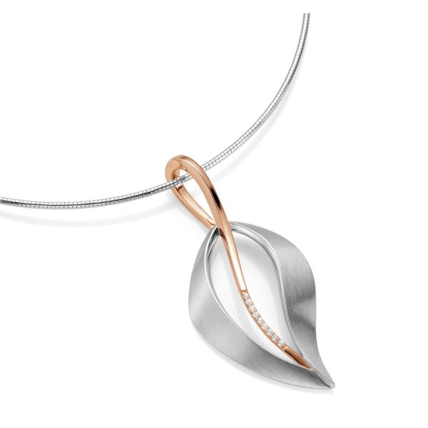 Lady's Two Tone SS & Rose Gold Plated Open Leaf Pendant w/9 White Sapphires Orin Jewelers Northville, MI