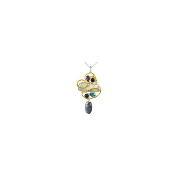 Lady's Two Tone Sterling Silver & 22K Gold Vermeil Overlay Pendant With 1 Freshwater Pearl & 5 Colored Stones Orin Jewelers Northville, MI