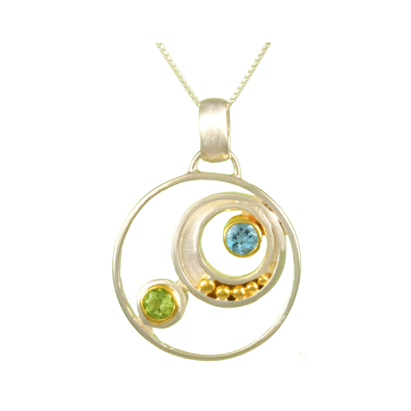 Sterling Silver & 22K Gold Vermeil Overlay Pendant With 1 Round Blue Topaz & 1 Round Peridot Orin Jewelers Northville, MI