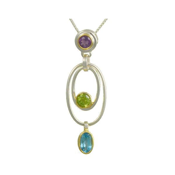 Lady's Two Tone Sterling Silver & 22K Gold Vermeil Overlay Pendant w/3 Colored Stones Orin Jewelers Northville, MI