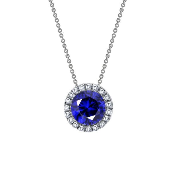 SS w/Rhodium Plating Round Simulated Sapphire & CZ Halo Necklace Orin Jewelers Northville, MI