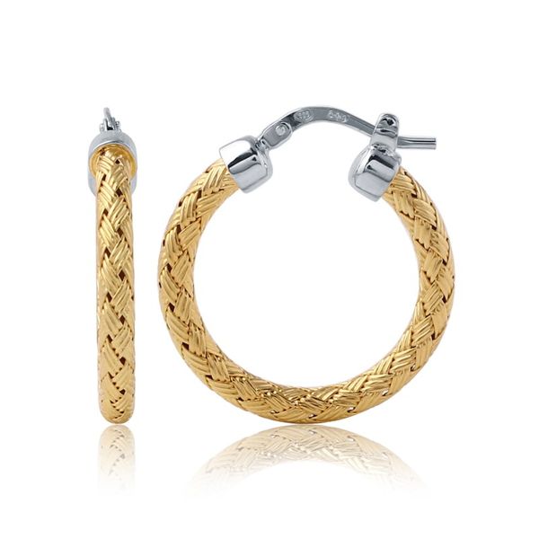 Lady's SS & Yellow Gold Plated Woven Milan 25mm Hoop Earrings Orin Jewelers Northville, MI
