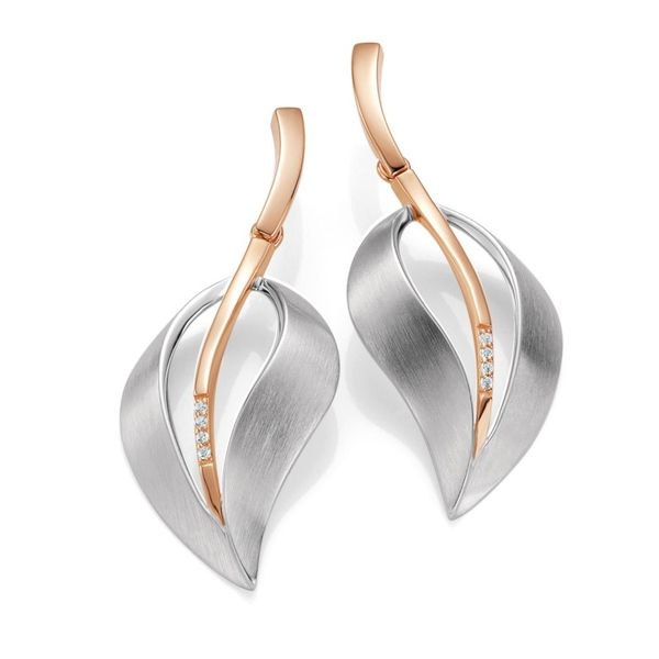 Lady's Two Tone SS & Rose Gold Plated Open Leaf Earrings W/8 White Sapphires Orin Jewelers Northville, MI