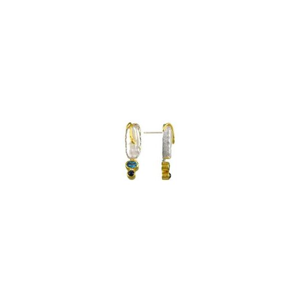 Lady's Two Tone Sterling Silver & 22K Gold Vermeil Overlay Earrings With 2 Freshwater Pearls & 4 Colored Stones Orin Jewelers Northville, MI