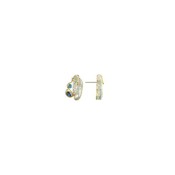 Lady's Two Tone Sterling Silver & 22K Gold Vermeil Earrings w/White Pearl, Iolite & Baby Blue Topaz Orin Jewelers Northville, MI