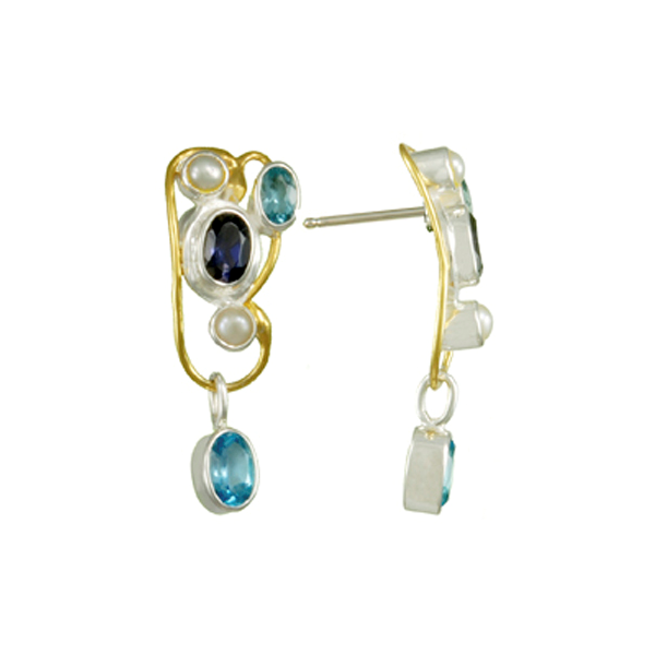 Lady's Two Tone Sterling Silver & 22K Gold Vermeil Earring w/Iolite, Baby Blue Topaz & White Freshwater Pearl Orin Jewelers Northville, MI