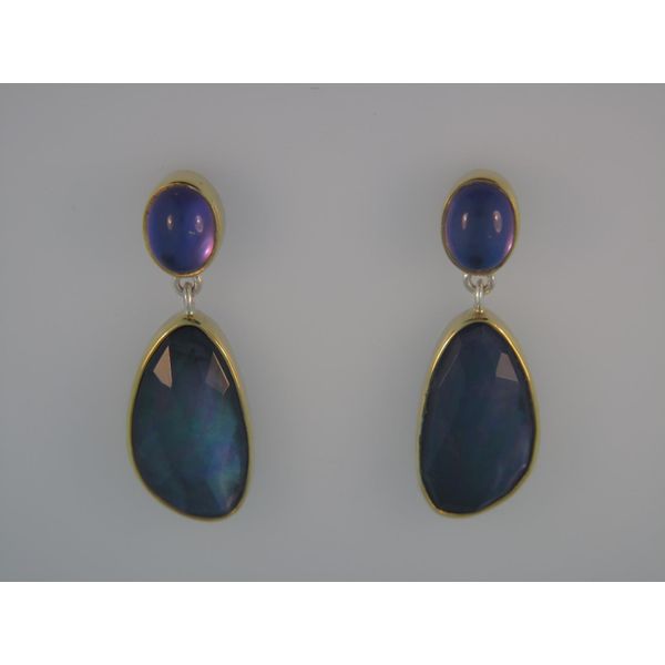 Lady's Two Tone Sterling Silver & 22K Gold Vermeil Overlay Earrings w/Mystic Fire Quartz & Mother of Pearl, Onyx & White Quartz Orin Jewelers Northville, MI