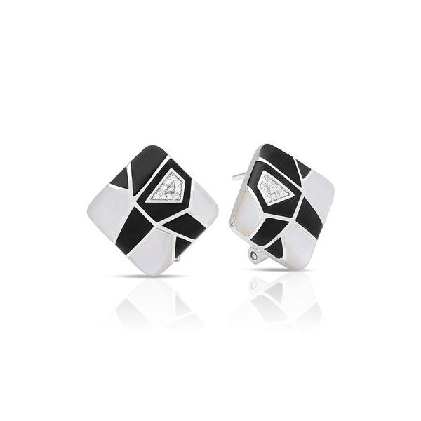 Sterling Silver Montage Earrings With Black Enamel, White Mother-Of-Pearl & White CZs Orin Jewelers Northville, MI