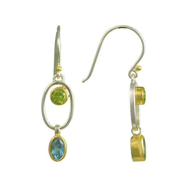 Sterling Silver & 22K Gold Vermeil Overlay Earrings With 2 Round Peridots & 2 Oval Blue Topazs Orin Jewelers Northville, MI
