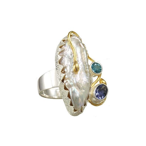 Lady's Two Tone Sterling Silver & 22K Gold Vermeil Overlay Fashion Ring w/3 Colored Stones Orin Jewelers Northville, MI