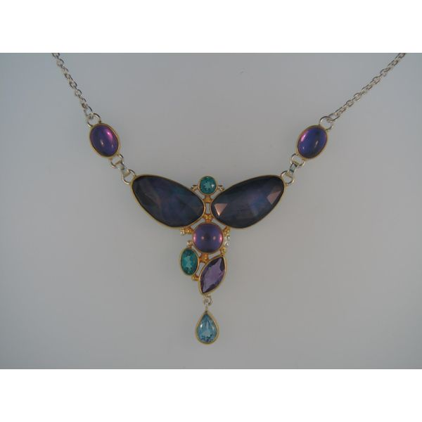 Lady's Two Tone Sterling Silver & 22K Gold Vermeil Overlay Necklace w/Teal Topaz, African Amethyst, Baby Blue Topaz, Mystic Fire Orin Jewelers Northville, MI