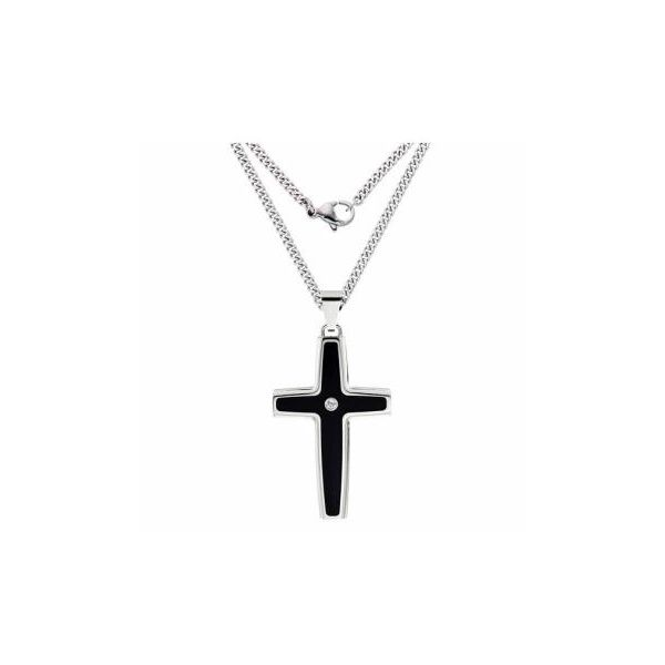 Gent's Stainless Steel Diamond Solitaire Cross Pendant w/Black Enamel Inlay Orin Jewelers Northville, MI