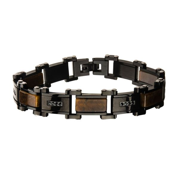 Tiger Eye with Black CZ Black Plated Link Bracelet Orin Jewelers Northville, MI