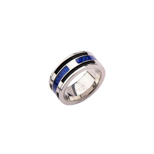 Blue Carbon Fiber with Black Cable Steel Inlayed Ring Orin Jewelers Northville, MI