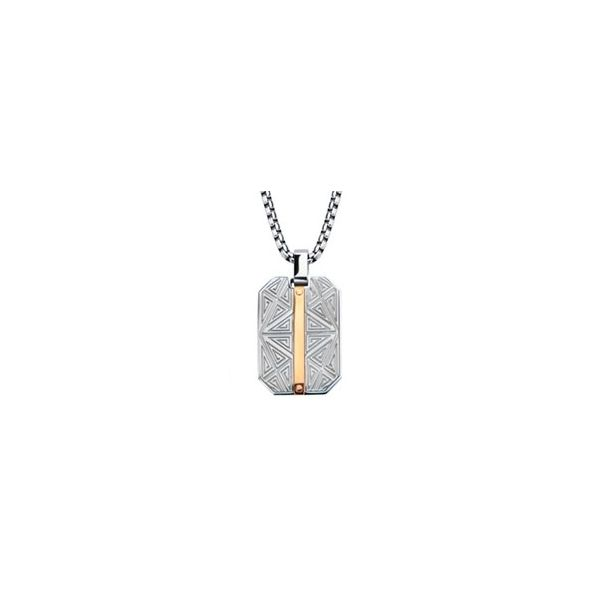 Gent's Rose Gold IP Bar Accent W/Gray Steel Labyrintine Dog Tag Pendant Orin Jewelers Northville, MI