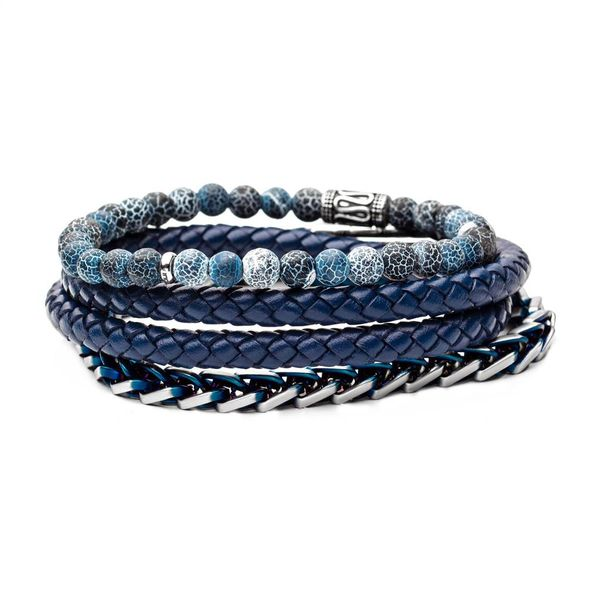 Blue Bead, Blue Multi Leather and Chain Stackable Bracelets Orin Jewelers Northville, MI