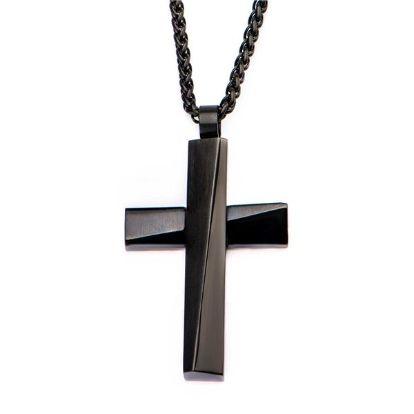 Black Plated Cross Pendant with Matte Black Round Wheat Chain Orin Jewelers Northville, MI