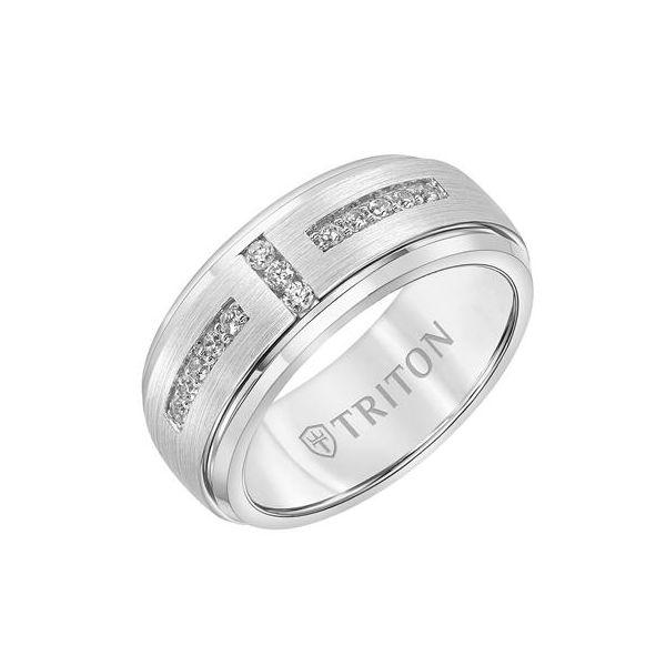 Gent's 9mm White Tungsten & Silver Comfort Fit Wedding Band With 13 Diamonds Orin Jewelers Northville, MI