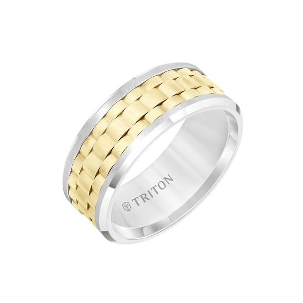 Gent's 9mm White Tungsten Carbide Flat Comfort Fit Band with Yellow Basket Weave Center and Flat Rims Orin Jewelers Northville, MI