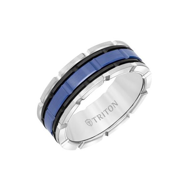 Gent's 8mm White Tungsten Carbide Band With Black & Blue Ceramic Inlay Orin Jewelers Northville, MI
