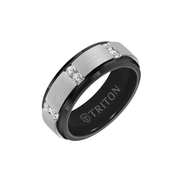 Gent's 8mm Black Tungsten & Silver Wedding Band With 6 Diamonds Orin Jewelers Northville, MI