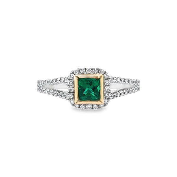 18K Two Tone Princess Cut Halo Emerald Ring Paul Bensel Jewelers Yuma, AZ