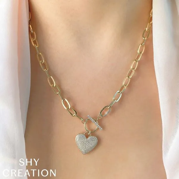 Shy Creation Diamond Pave Heart Paper Clip Link Necklace Image 3 Peter & Co. Jewelers Avon Lake, OH