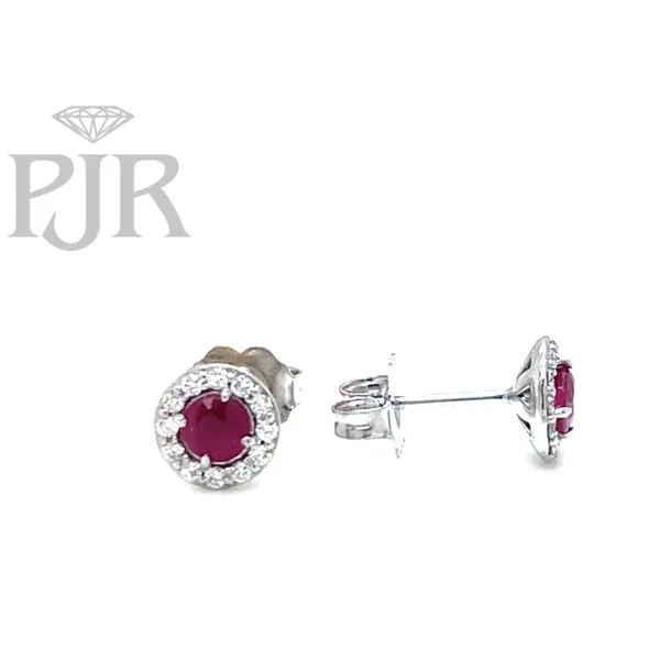 14K White Gold Round Ruby and Diamond Halo Stud Earrings Image 2 P.J. Rossi Jewelers Lauderdale-By-The-Sea, FL