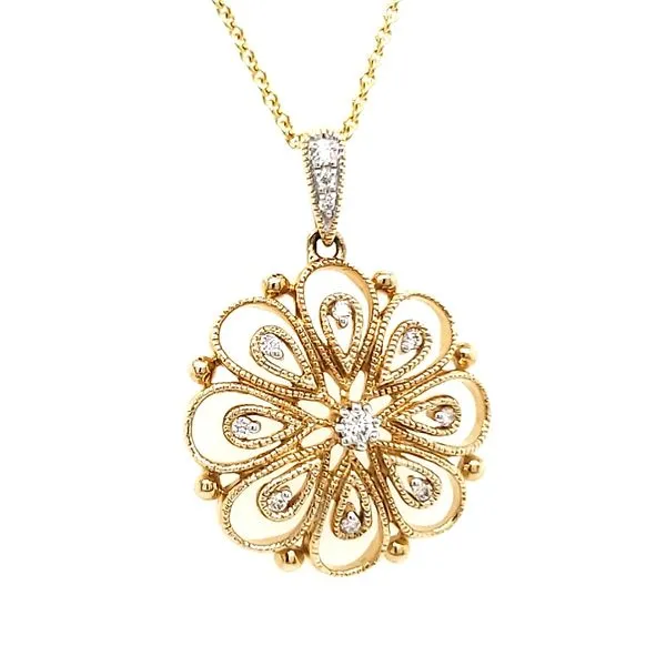 14K Yellow Gold Diamond Filigree Flower Pendant Image 2 Quality Gem LLC Bethel, CT