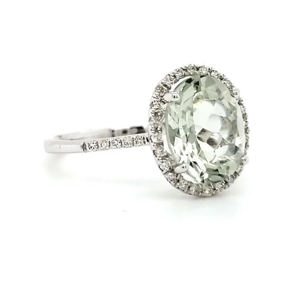 14K White Gold Oval Light Green Quartz & Diamond Halo Ring Image 2 Quality Gem LLC Bethel, CT