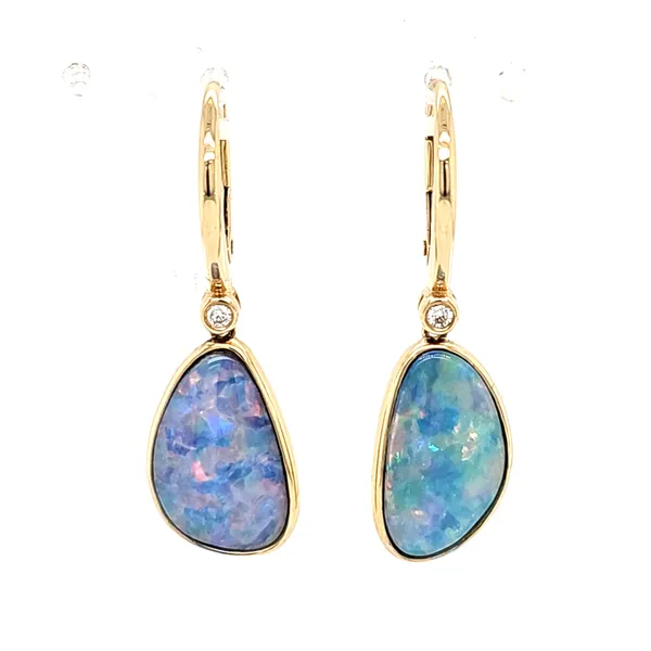 14K Yellow Gold Freeform Opal and Diamond Leverback Earrings Quality Gem LLC Bethel, CT
