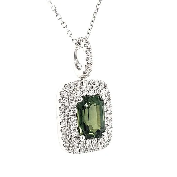 14K White Gold Green Sapphire and Diamond Double Halo Pendant Image 2 Quality Gem LLC Bethel, CT