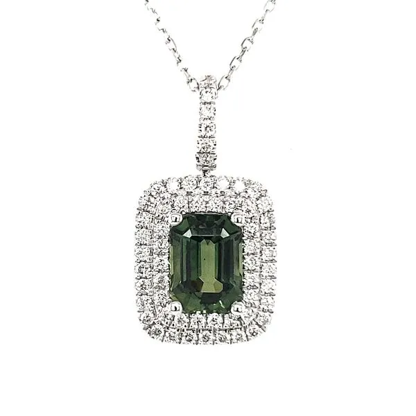 14K White Gold Green Sapphire and Diamond Double Halo Pendant Quality Gem LLC Bethel, CT