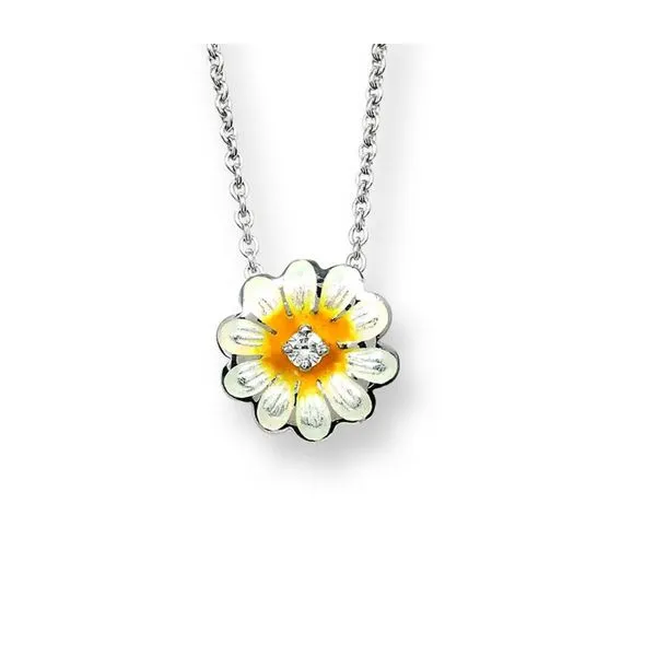 Sterling Silver White And Yellow Enamel Daisy With White Sapphire Pendant Length 18 Inches Adjustable Quality Gem LLC Bethel, CT