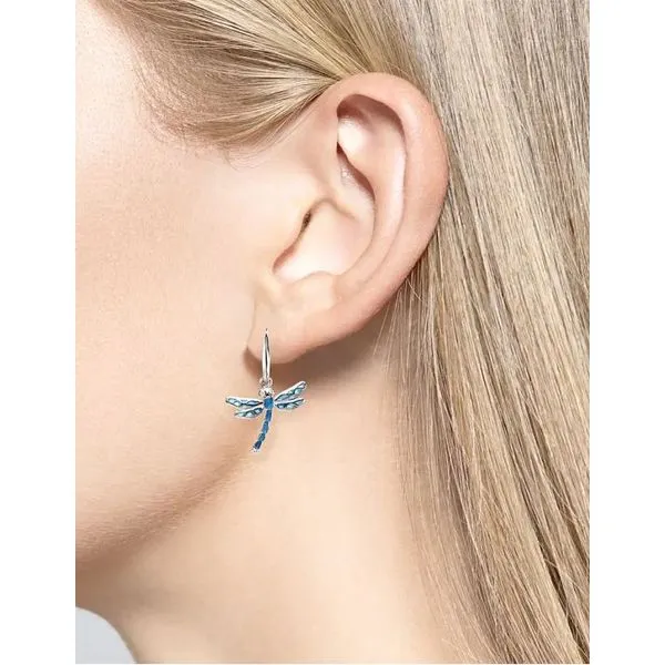 Sterling Silver Rhodium Plated Blue Plique-A-Jour Dragonfly Dangle Earrings With Round White Sapphires Image 2 Quality Gem LLC Bethel, CT
