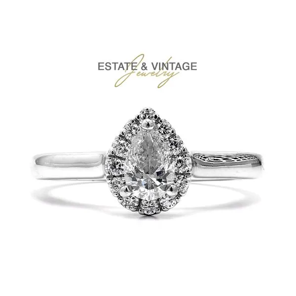 Estate 14K White Gold 0.82ctw Pear Halo Diamond Size 7 Raleigh Diamond Fine Jewelry Raleigh, NC
