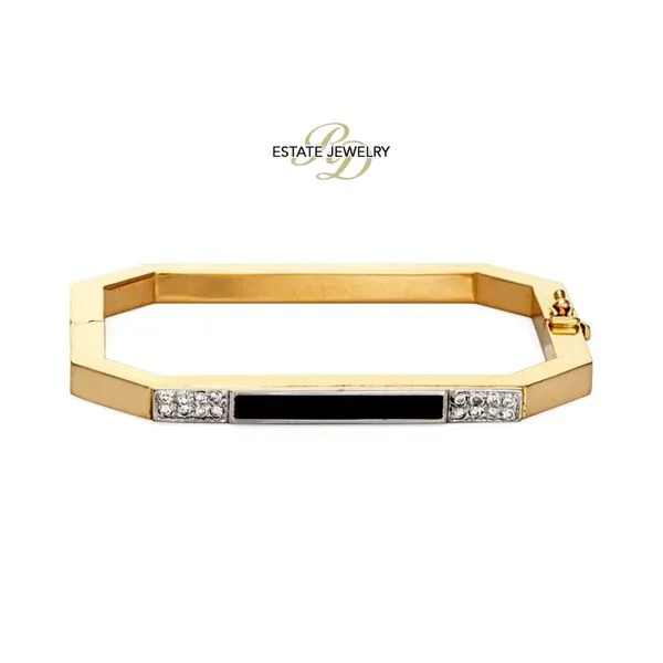 Estate 14K Yellow Gold 0.20ctw H-I/SI2-I1 Diamond Onyx Vintage Square Bangle Bracelet Raleigh Diamond Fine Jewelry Raleigh, NC