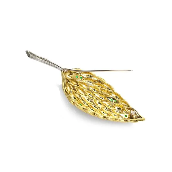 Estate 18K Yellow Gold Leaf Brooch Pin with Emeralds & Diamonds Image 2 Raleigh Diamond Fine Jewelry Raleigh, NC