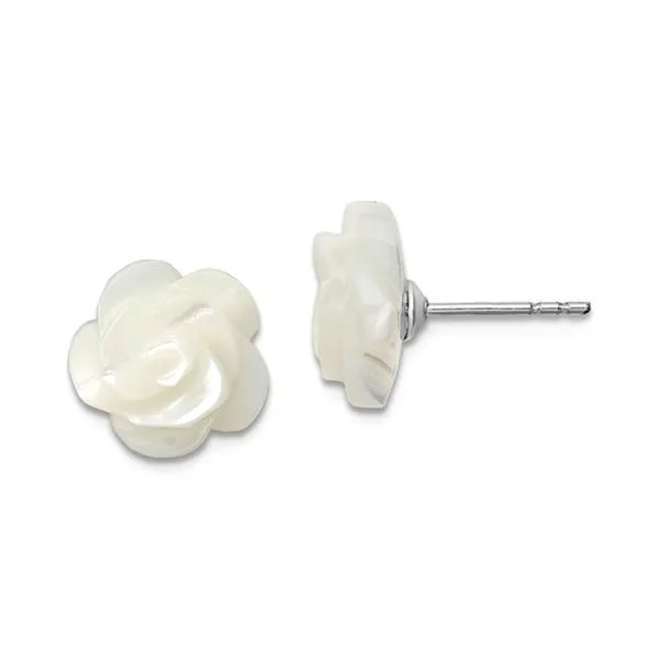 Sterling Silver 10mm White Mother of Pearl Flower Carved Stud Earrings Raleigh Diamond Fine Jewelry Raleigh, NC